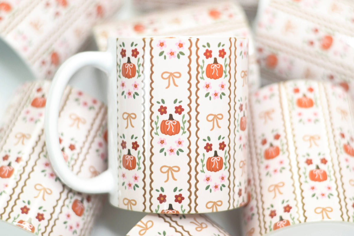 Fall Coquette Coffee Mug, Fall Coffee Mug, Pumpkins and Bows