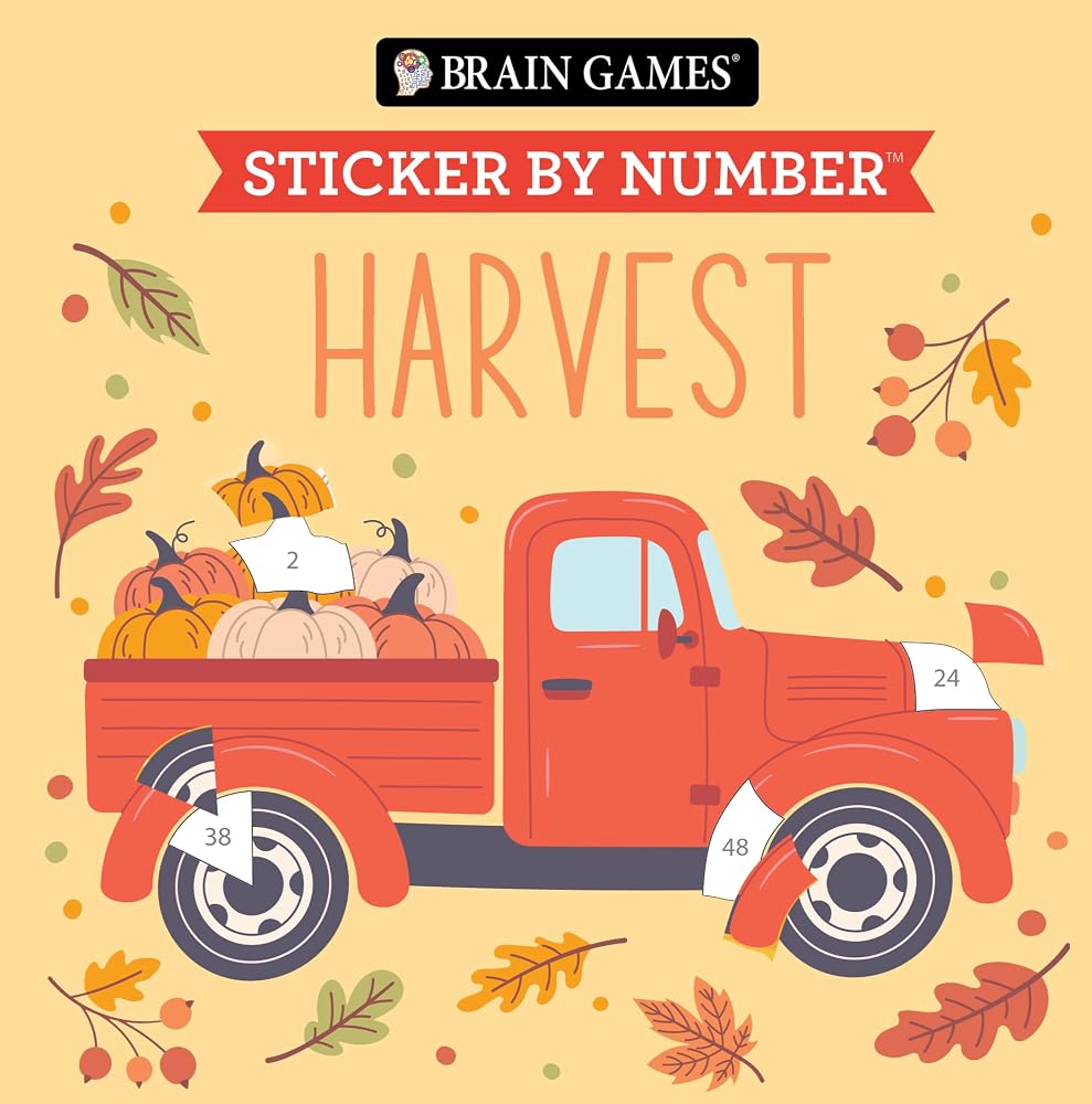 Brain Games - Sticker by Number Compact Edition: Harvest | 7x7 Inches | Cozy Fall Activity & Thanksgiving Gift, Travel Size Activity Book for Adults & Kids 7+ cover image
