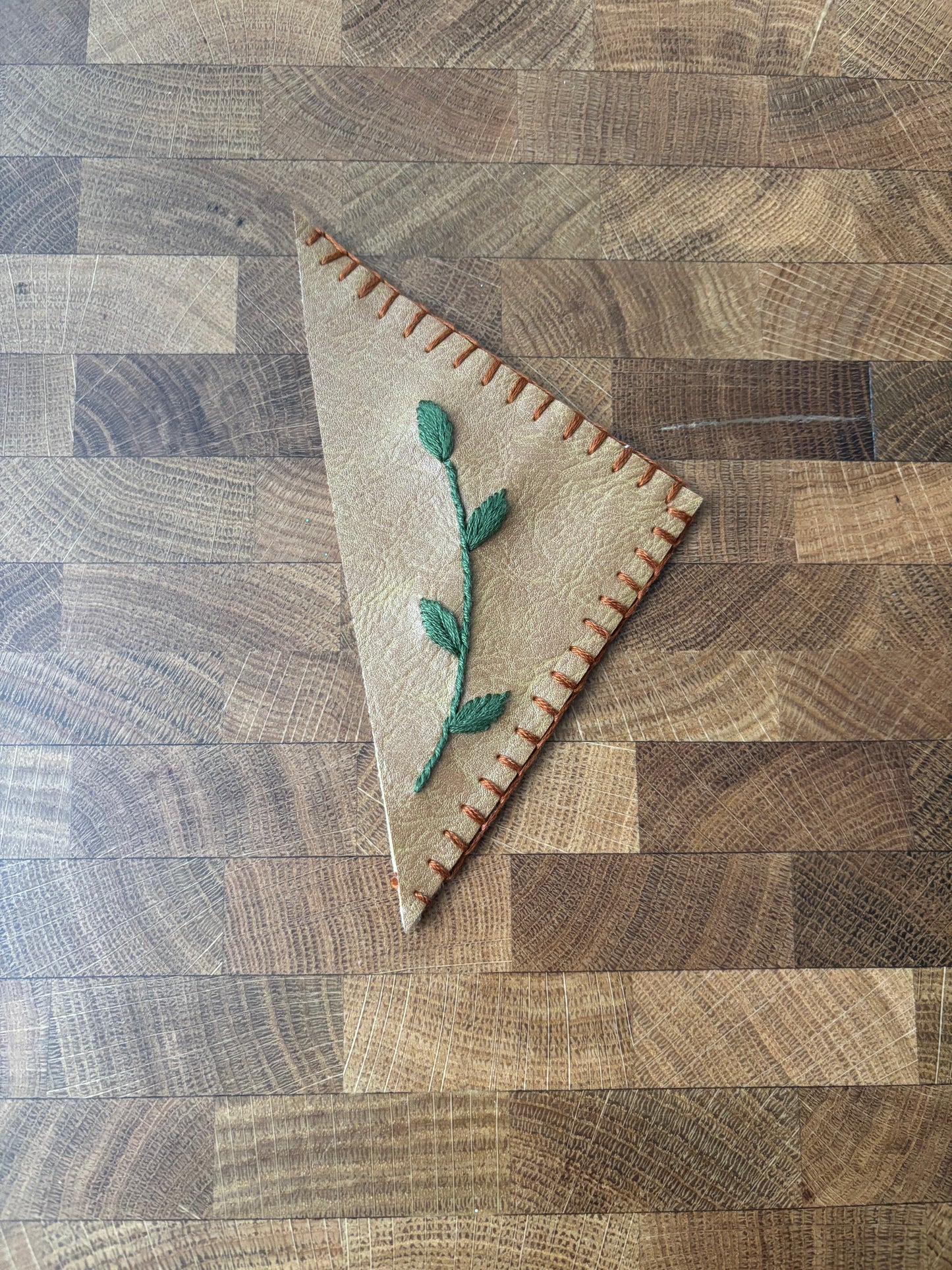 Vine hand embroidered leather corner bookmark