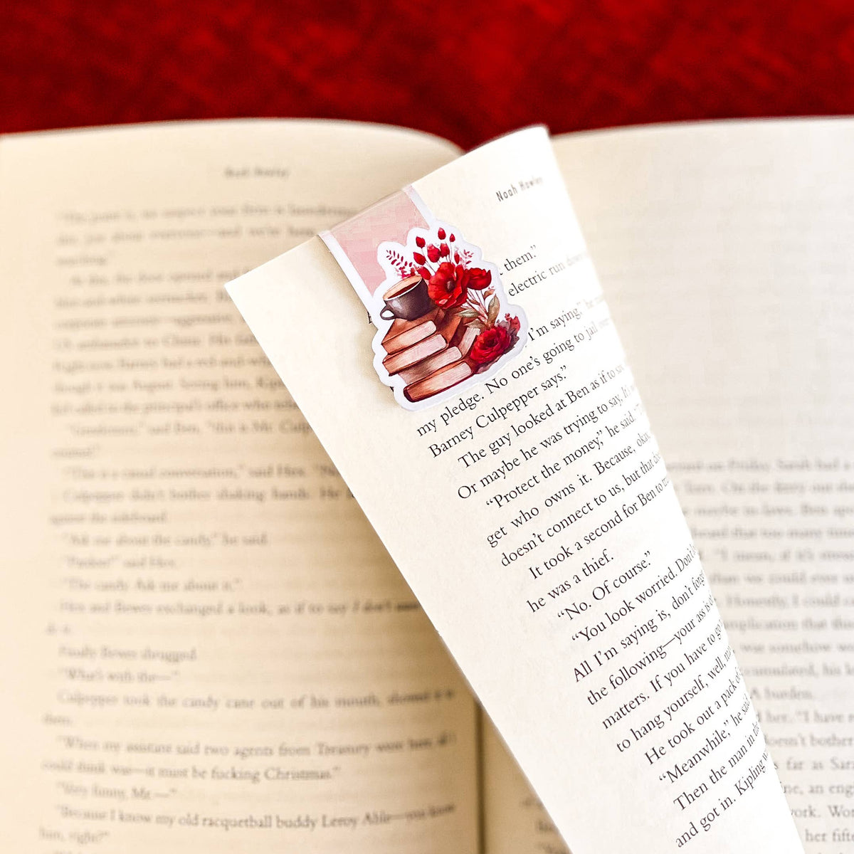 Red Poppy Floral, Coffee, Stack of Books, Magnetic Bookmark