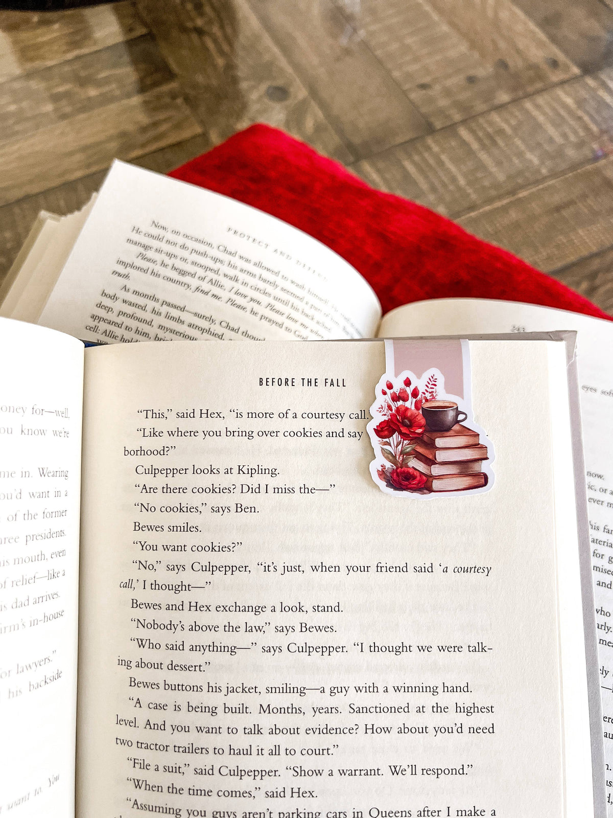 Red Poppy Floral, Coffee, Stack of Books, Magnetic Bookmark