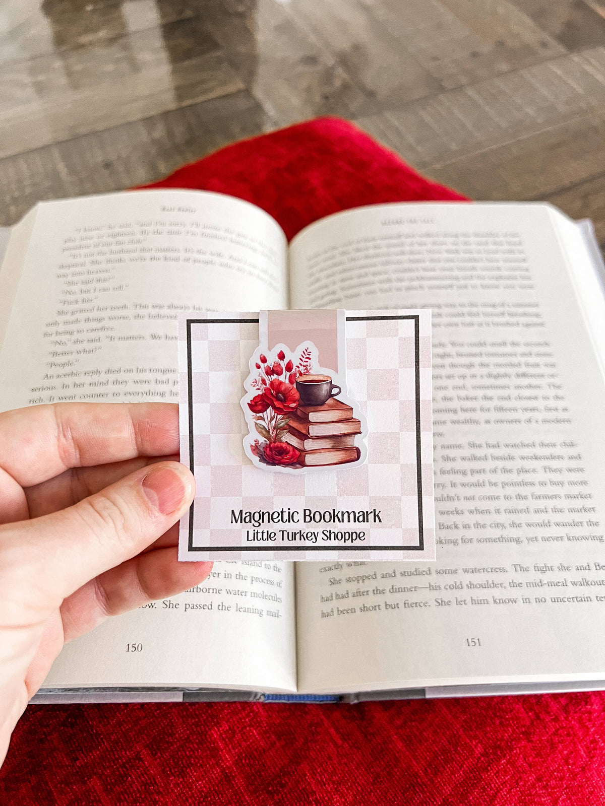 Red Poppy Floral, Coffee, Stack of Books, Magnetic Bookmark