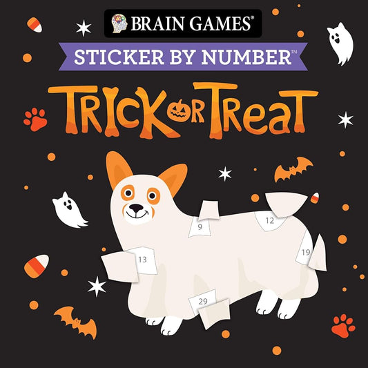Brain Games - Sticker by Number Compact Edition: Trick or Treat | Spooky Cute Halloween | 7x7 Inches | Boo Basket Stuffer, Travel Size Activity Book for Adults & Kids 7+ cover image