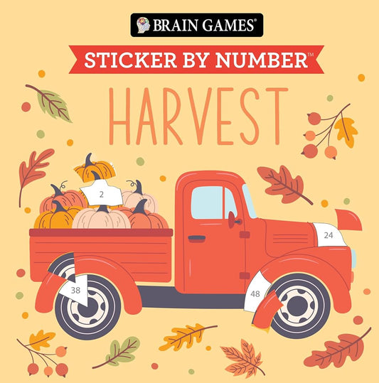 Brain Games - Sticker by Number Compact Edition: Harvest | 7x7 Inches | Cozy Fall Activity & Thanksgiving Gift, Travel Size Activity Book for Adults & Kids 7+ cover image