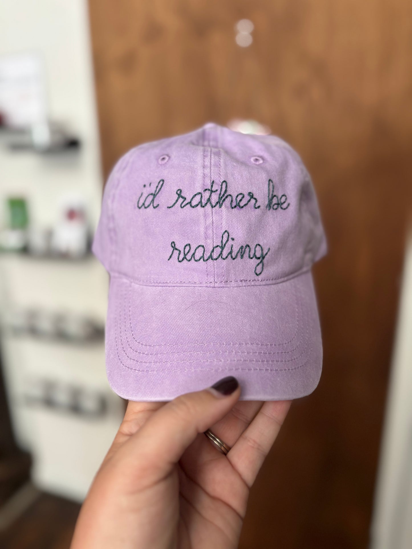 I’d Rather Be Reading hand embroidered hat