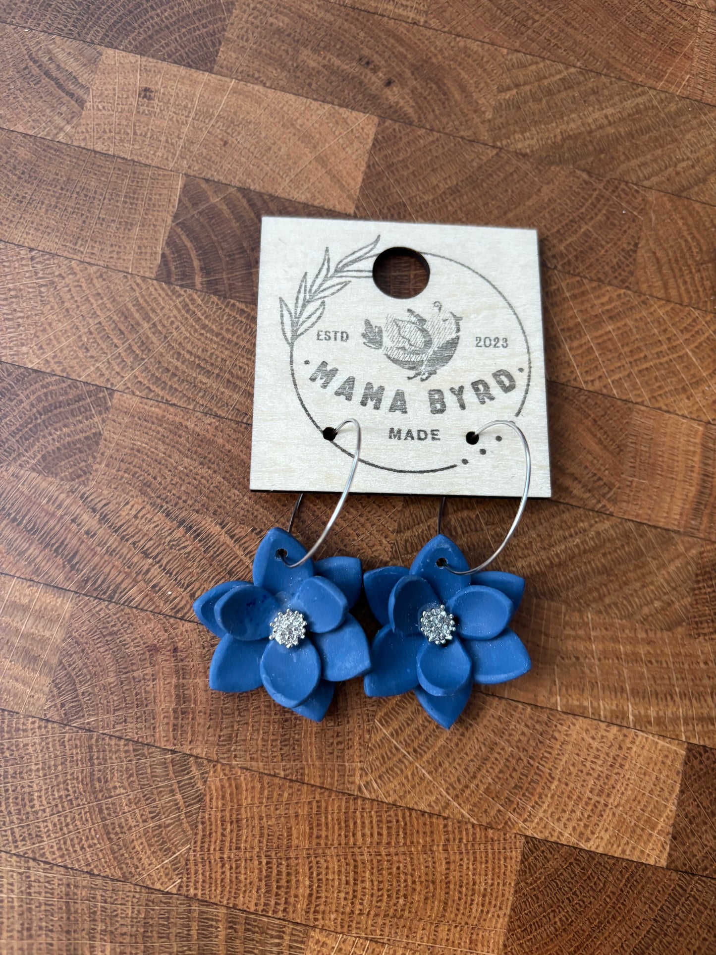 Blue floral hoop earrings