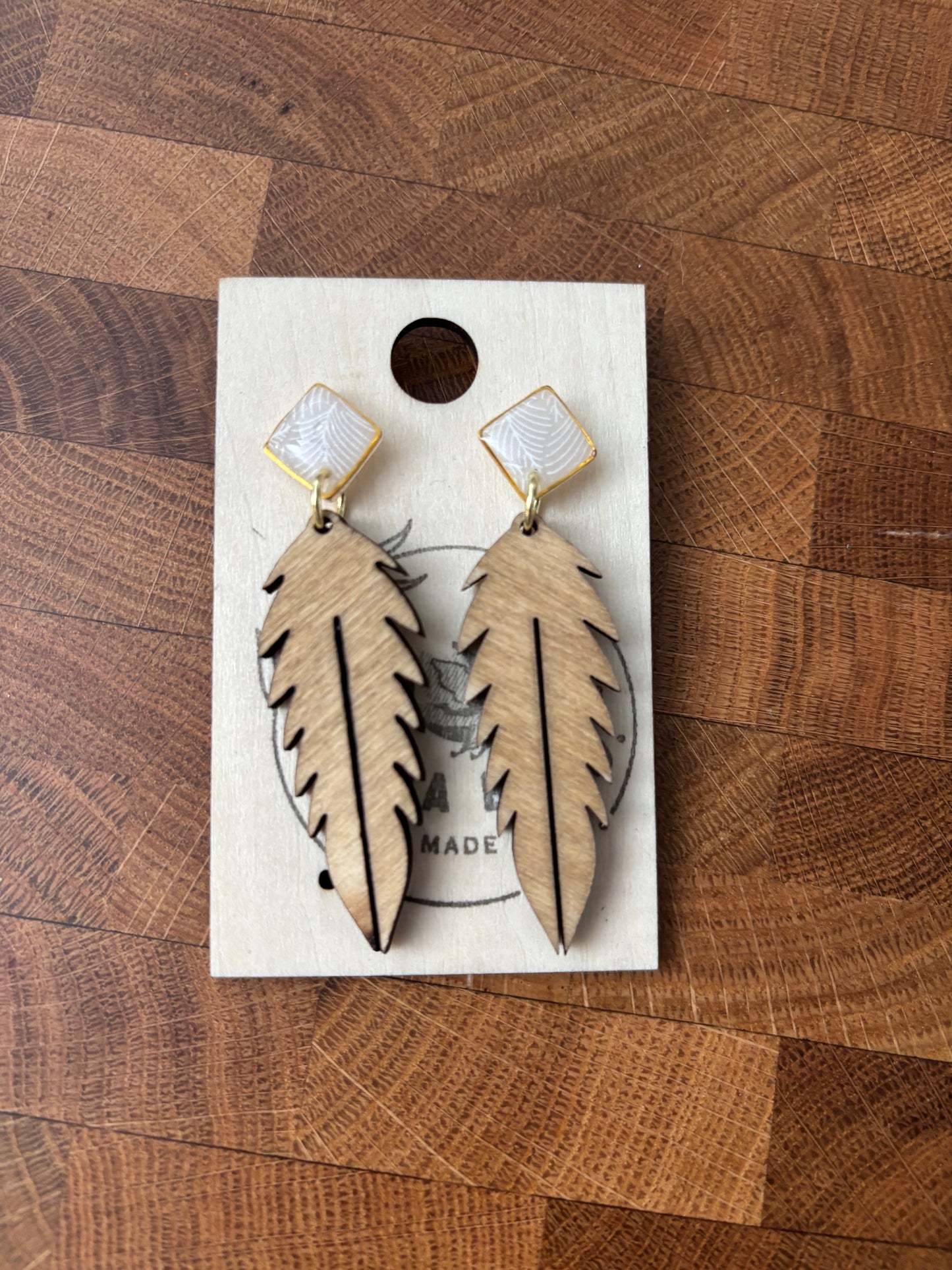 Wooden Feather Dangle Stud earrings
