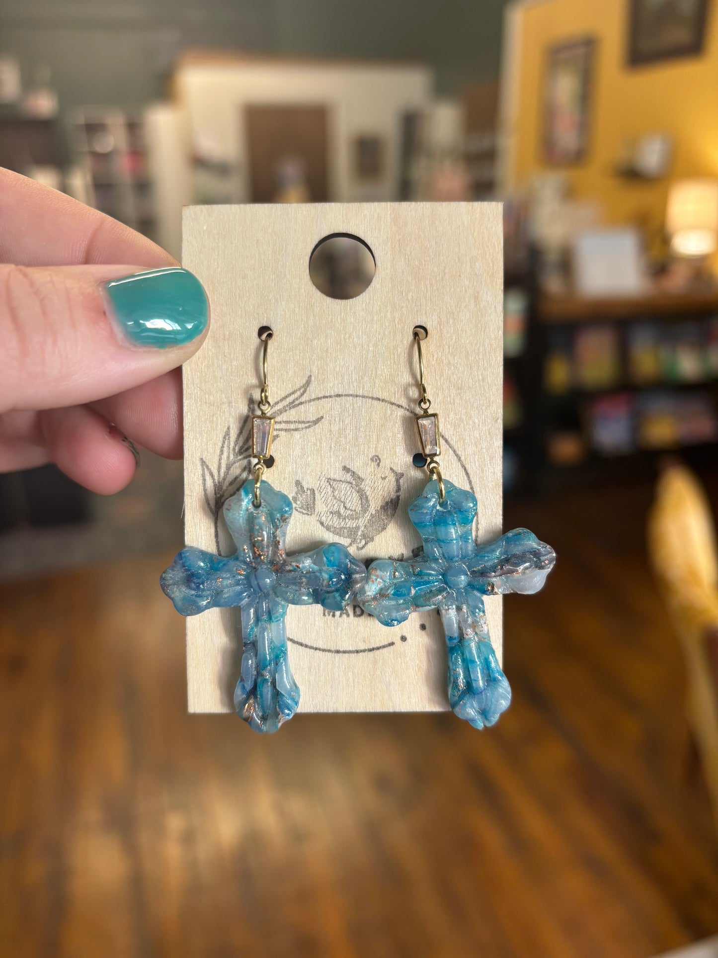 Blue Marbled Cross earrings