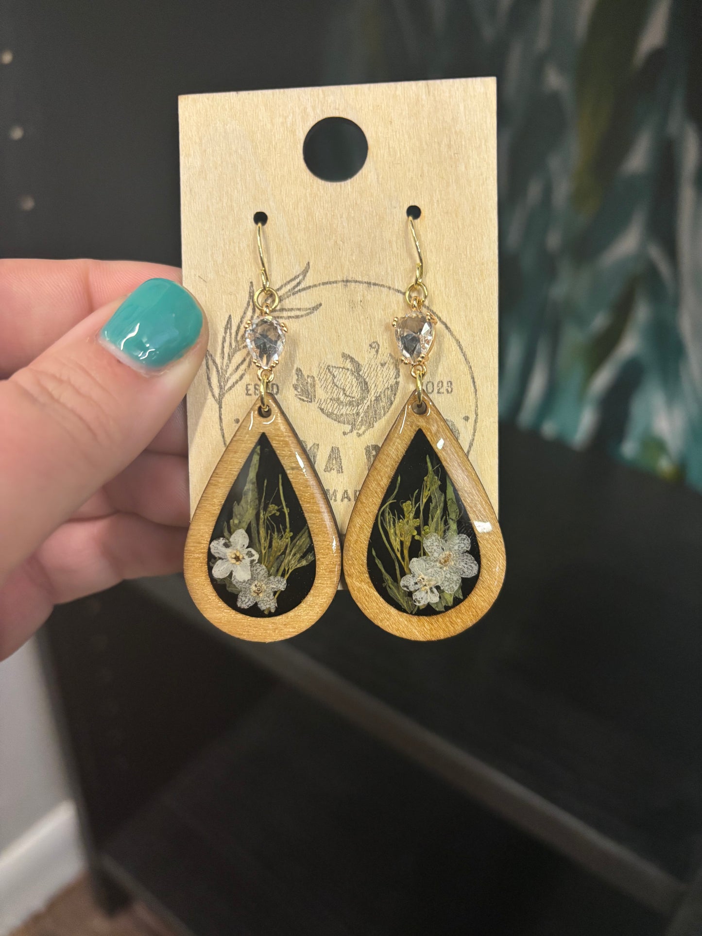 Resin Pressed Flower teardrop earrings