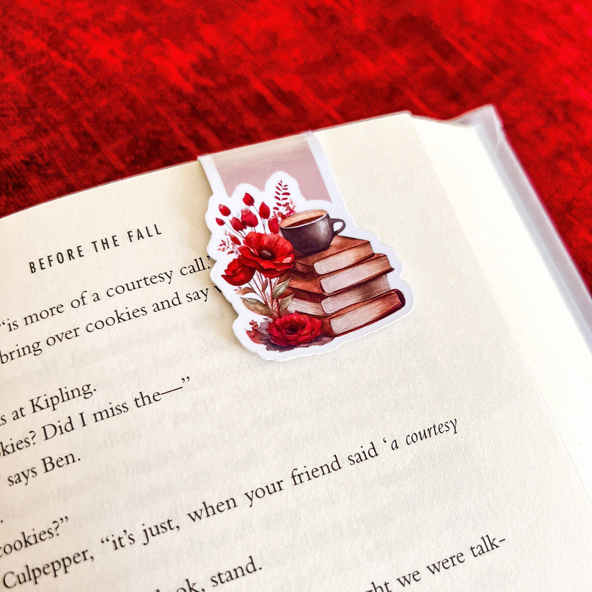 Red Poppy Floral, Coffee, Stack of Books, Magnetic Bookmark