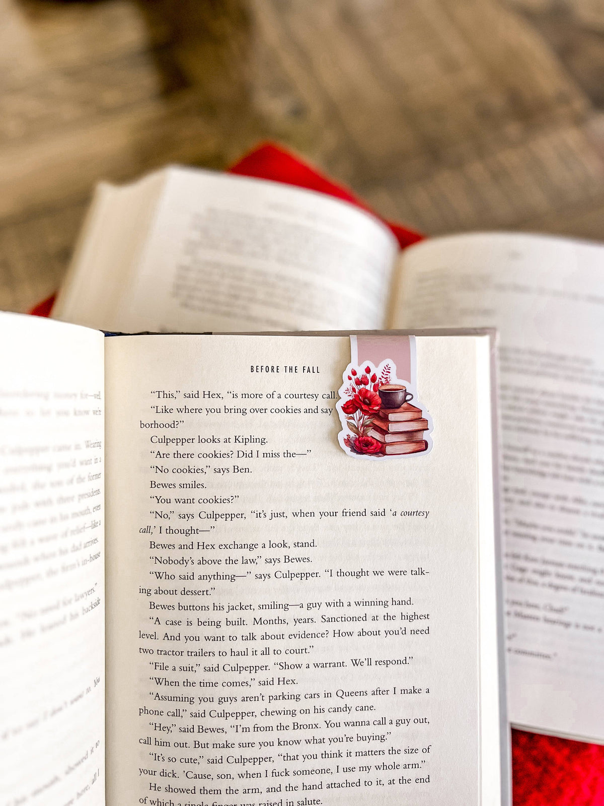 Red Poppy Floral, Coffee, Stack of Books, Magnetic Bookmark